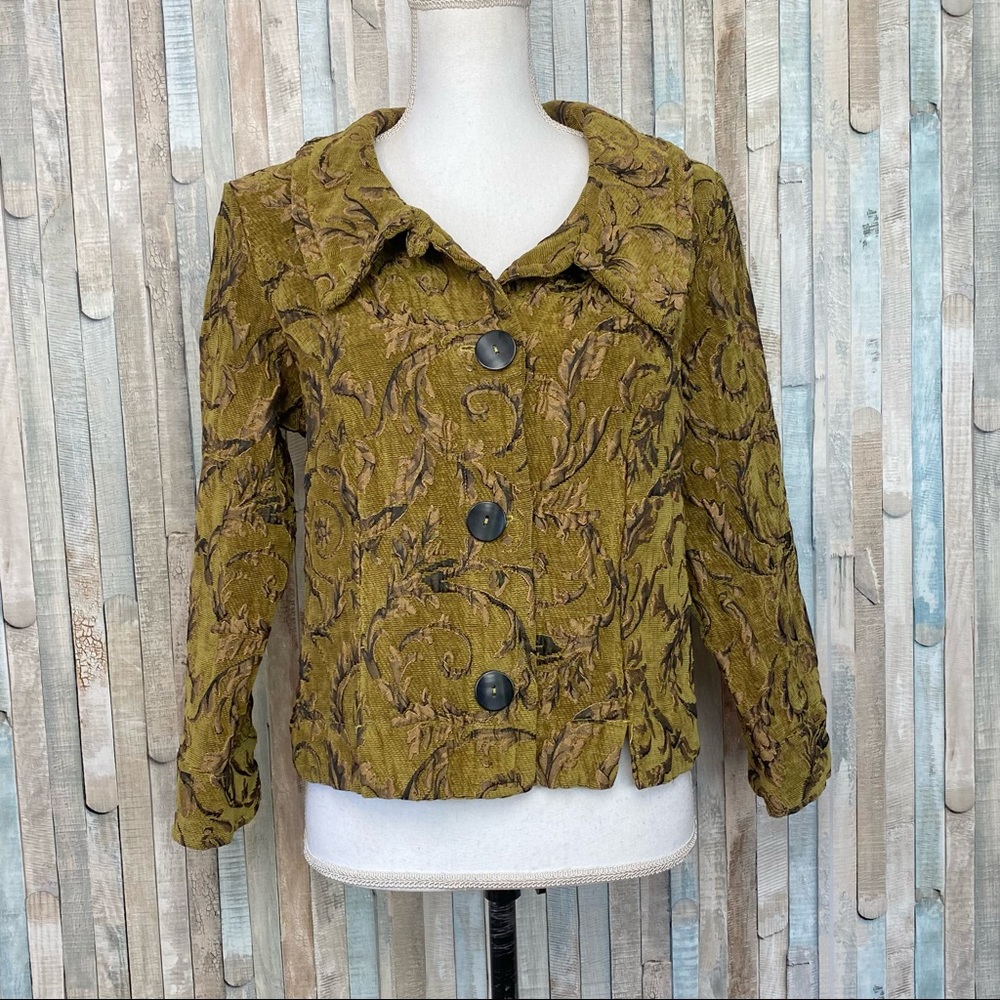 Cut Loose M Jacquard Brocade Button Jacket Blazer Green Gold Boho Lagenlook - Picture 4 of 8